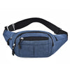 A dark blue canvas waist pack or fanny pack with a black adjustable strap and zippered pockets.