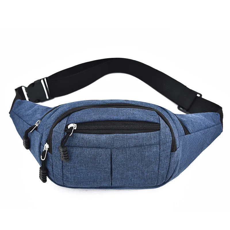 A dark blue canvas waist pack or fanny pack with a black adjustable strap and zippered pockets.