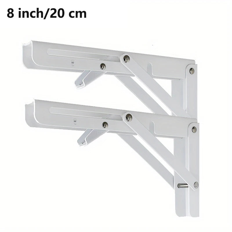 White folding shelf brackets for mounting, measuring 8 inches or 20 cm.