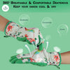 A pair of breathable, comfortable dexterity gloves in white and green floral patterns being worn on a hand.