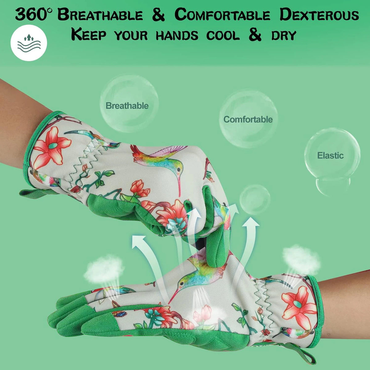 A pair of breathable, comfortable dexterity gloves in white and green floral patterns being worn on a hand.