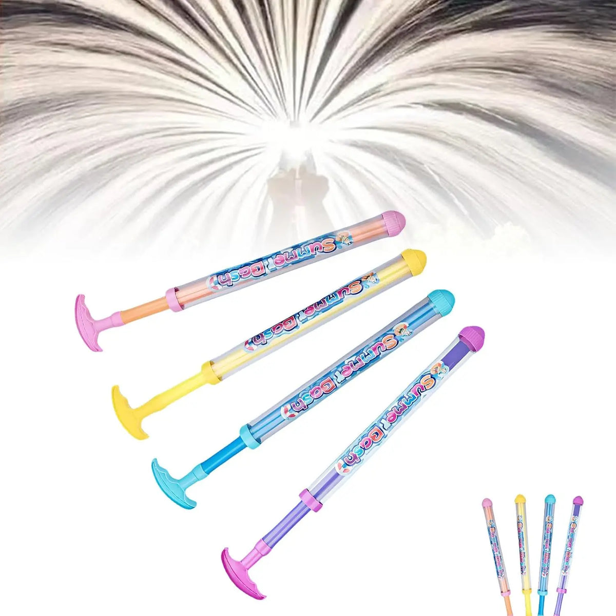 A collection of colorful water blaster toys with multi-hole spray nozzles against a blurred background.