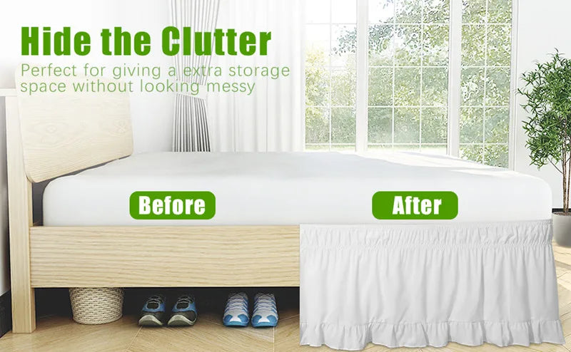 Before and after comparison showing a ruffled elastic bed skirt for a bed.