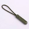 A replacement zipper pull with a nylon cord and a green, textured metal-like cap.