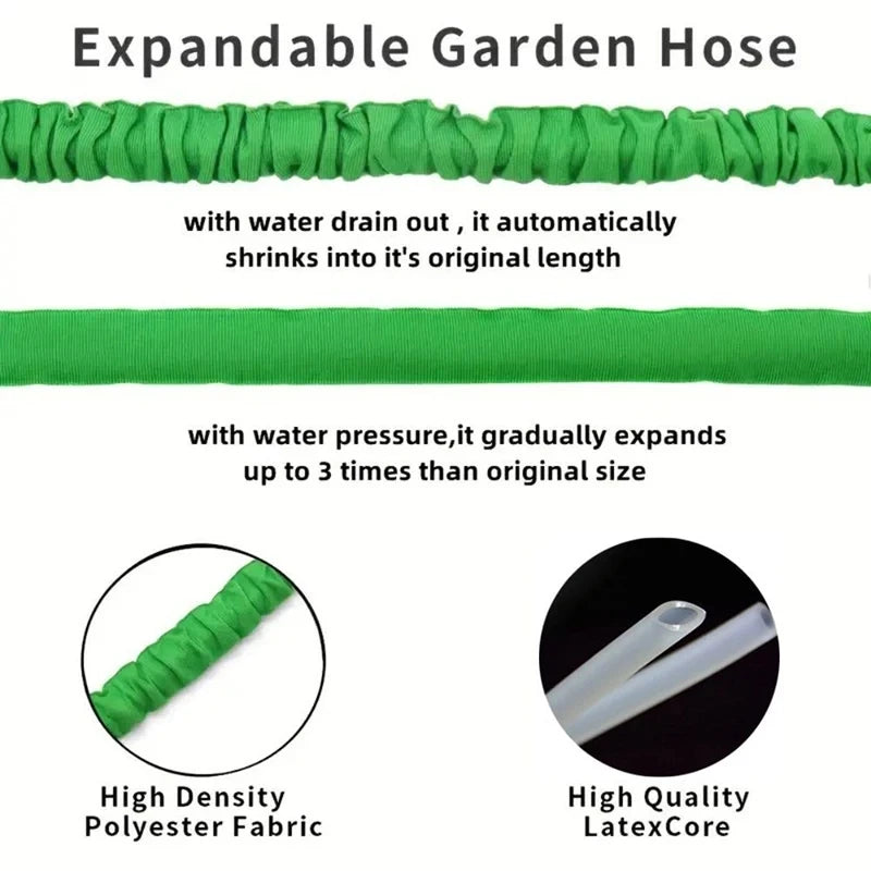 Green expandable garden hose showing its shrinking and expanding capabilities and high-density polyester fabric