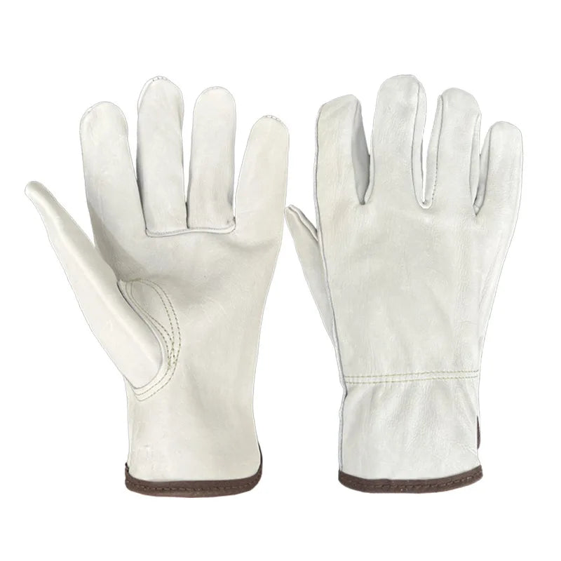 A pair of light beige heavy-duty cowhide leather work gloves for welding and construction.