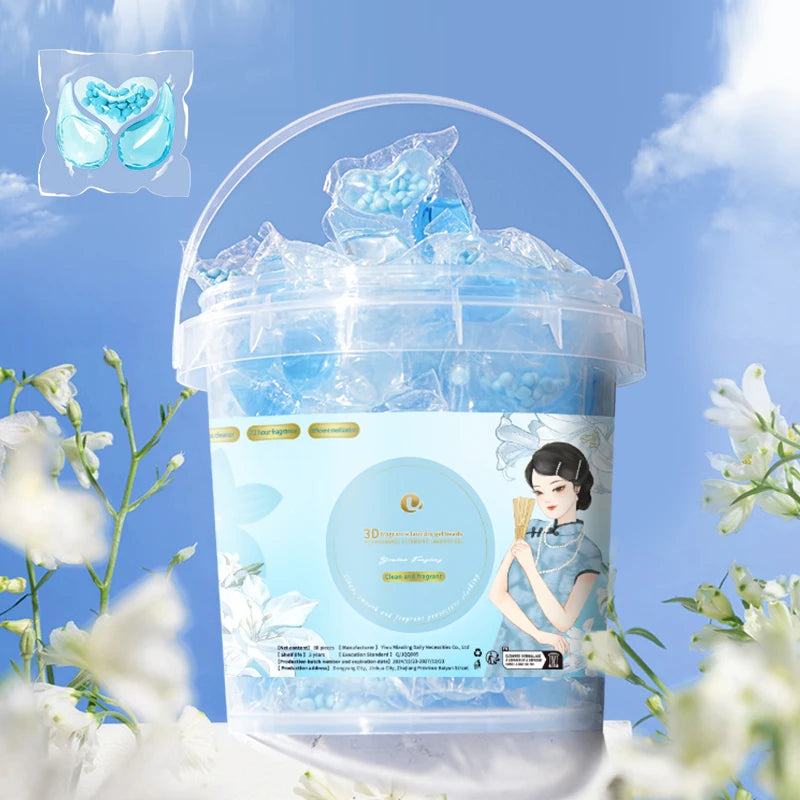 A clear plastic container filled with blue laundry pods and a woman looking at the product.