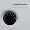 A close-up view of black shock-absorbing suspension gaskets arranged in concentric rings on a white background.