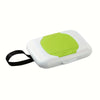 White refillable wipe dispenser box with a lime green lid and black strap.