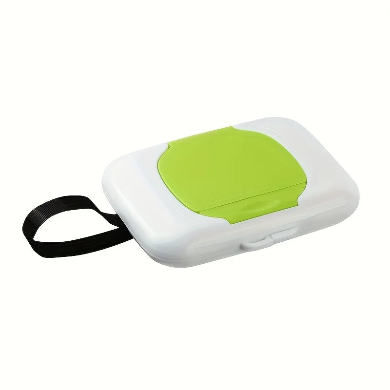 White refillable wipe dispenser box with a lime green lid and black strap.