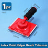A red latex paint edger brush trimmer with a black handle and various sized bristles shown against a blue background.