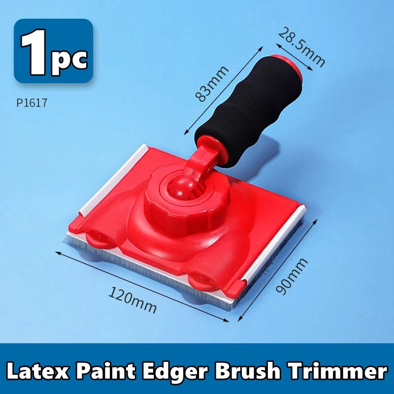 A red latex paint edger brush trimmer with a black handle and various sized bristles shown against a blue background.