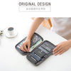 A hand is opening a dark gray waterproof document organizer wallet filled with various passports and documents on a white tab