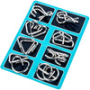 A set of metal wire puzzle brain teasers arranged in a blue plastic tray.
