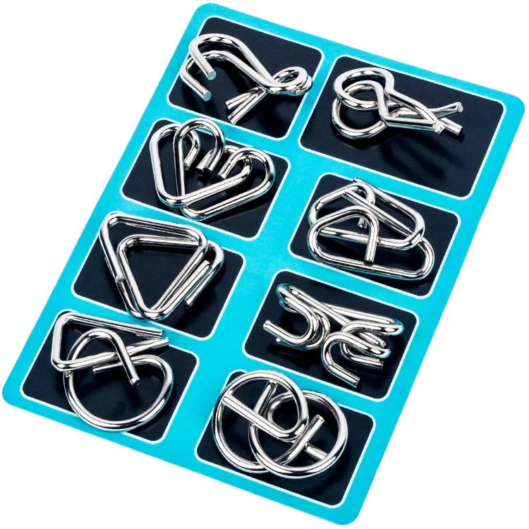 A set of metal wire puzzle brain teasers arranged in a blue plastic tray.