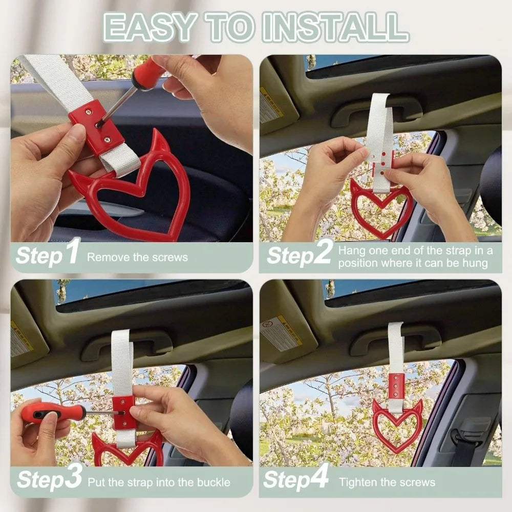 Four steps showing how to install a heart-shaped car handle decor using screws and a strap.