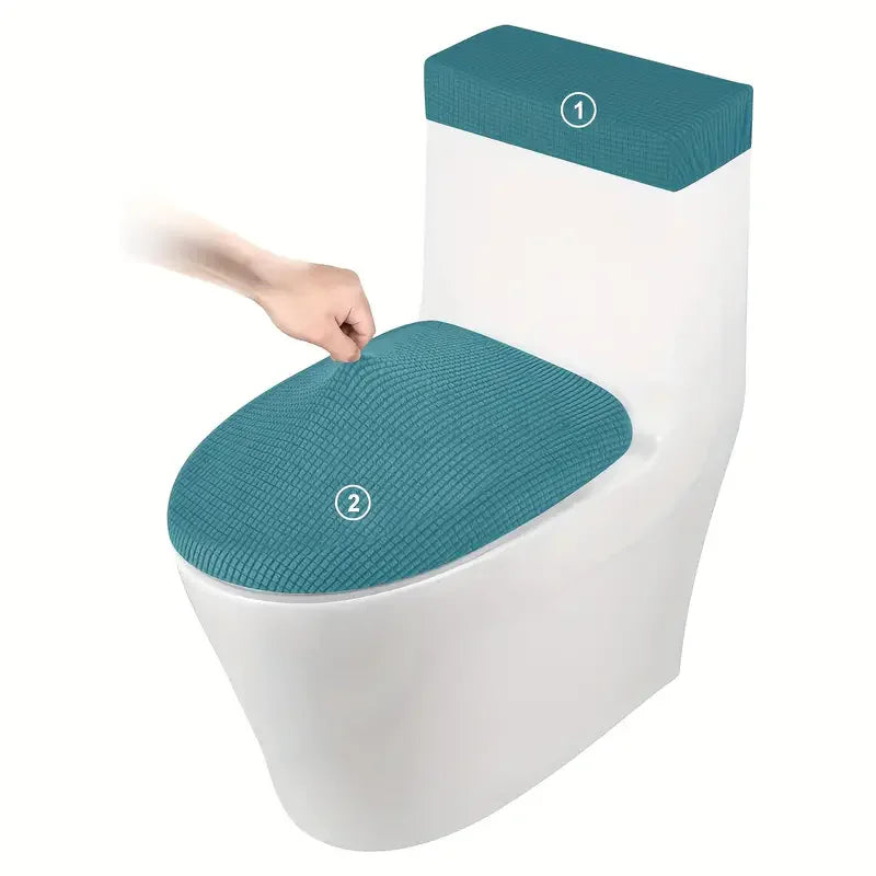 A white toilet seat with a teal fleece cover and lid, showing the two covers marked.