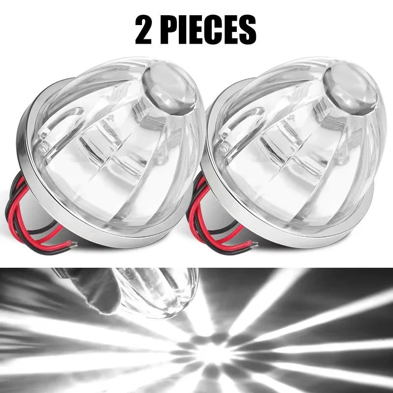 Two waterproof LED side marker lights for trucks, trailers, and vans shown with a close-up of their beam pattern.
