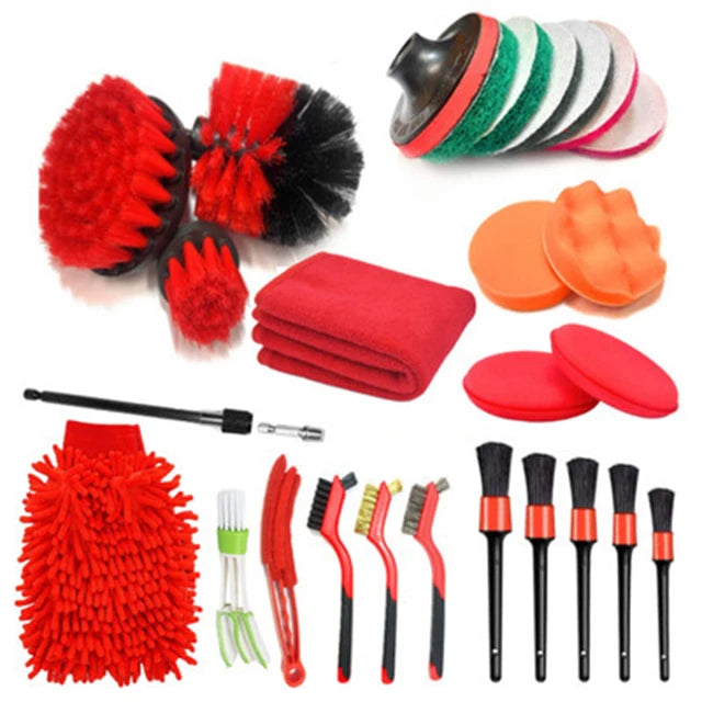 A collection of 21 drill brush cleaning tools and extensions for home and auto detailing.