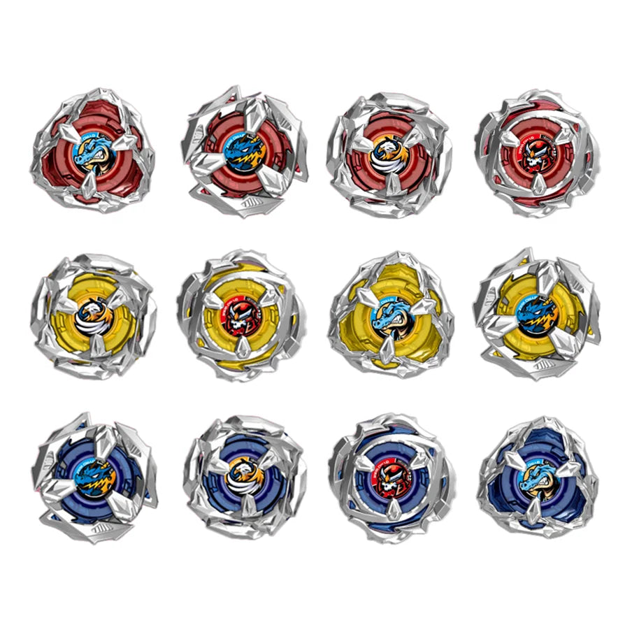 A set of nine precision metal spinning tops featuring various colors and designs.