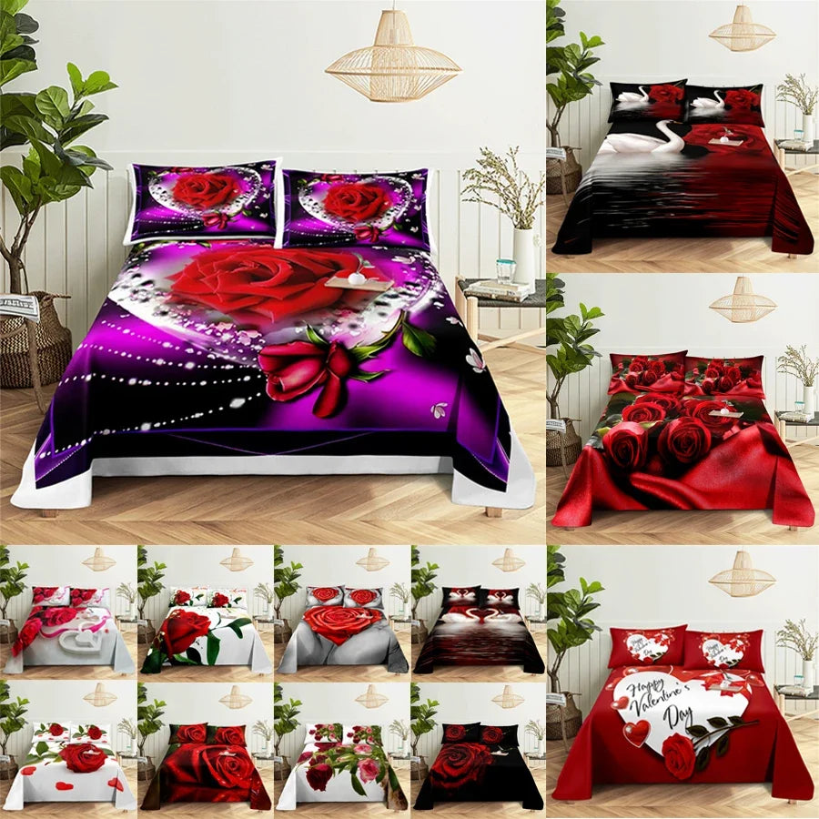 A collection of red rose themed bedding sets featuring various floral and dark patterns.