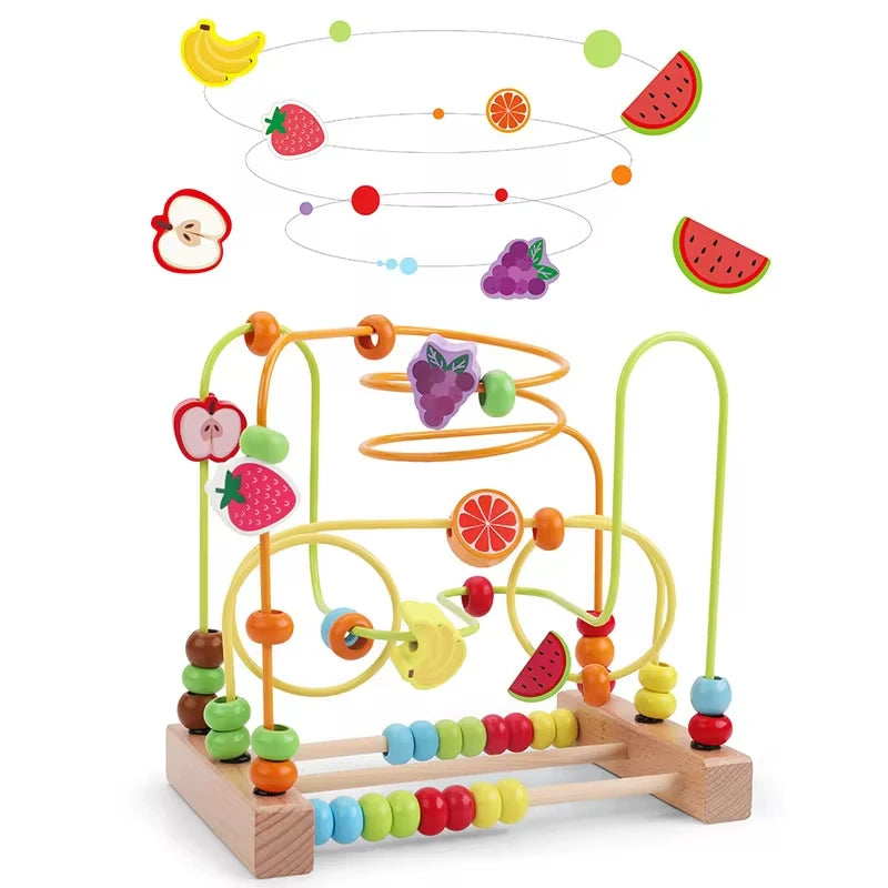 A wooden bead maze toy with colorful beads and strings, designed for toddlers to practice fine motor skills.