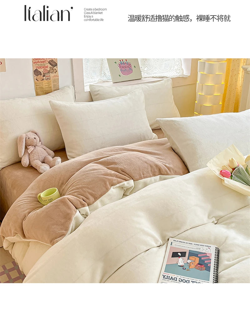 A cozy milk velvet bedding set featuring a duvet cover and pillowcases displayed on a bed.
