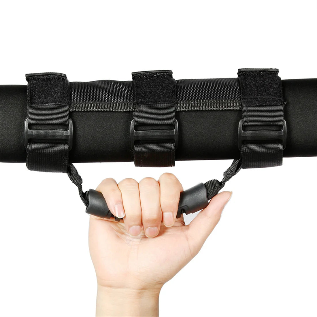 Black non-slip roll bar grab handles for Jeep Wrangler, featuring padded straps and a grip for easy access.