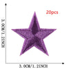 A purple star embroidery patch is shown, measuring 3cm or 1.2 inches across, with a 20-piece count indicated.