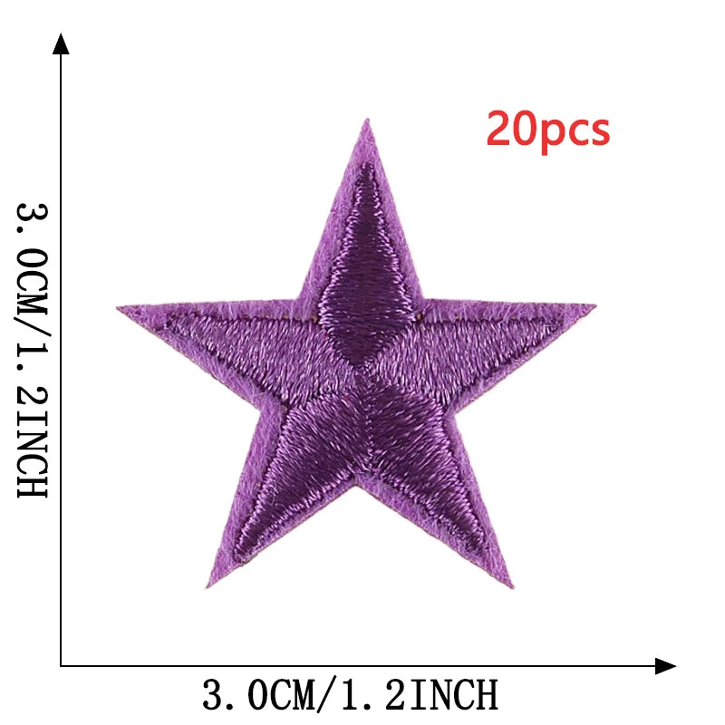 A purple star embroidery patch is shown, measuring 3cm or 1.2 inches across, with a 20-piece count indicated.