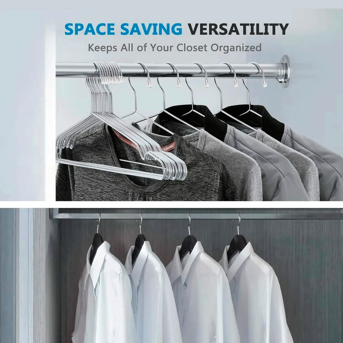 A set of heavy-duty stainless steel wire clothes hangers displaying versatile organization for a closet.