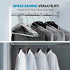 A set of heavy-duty stainless steel wire clothes hangers displaying versatility for organizing a closet.