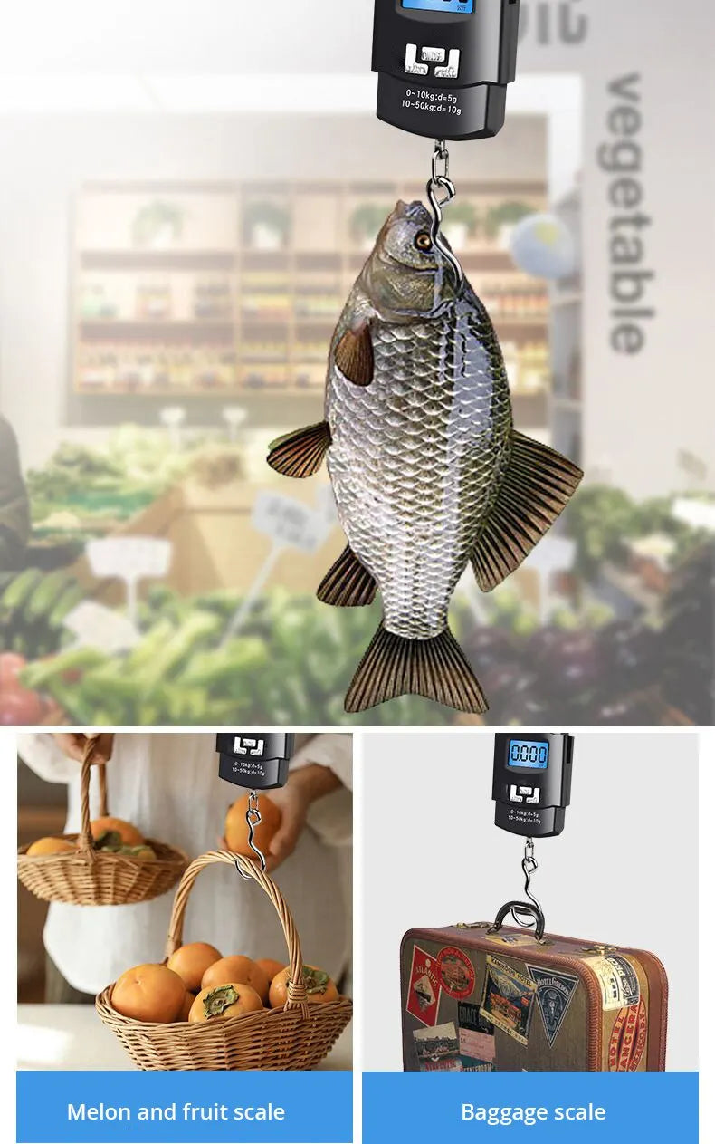 Portable digital luggage scale measuring weight in kg and lb, shown next to a woven basket of fruit.
