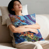A printed cushion cover featuring Monster Hunter Rathalos and Nargacuga designs on a light blue background.