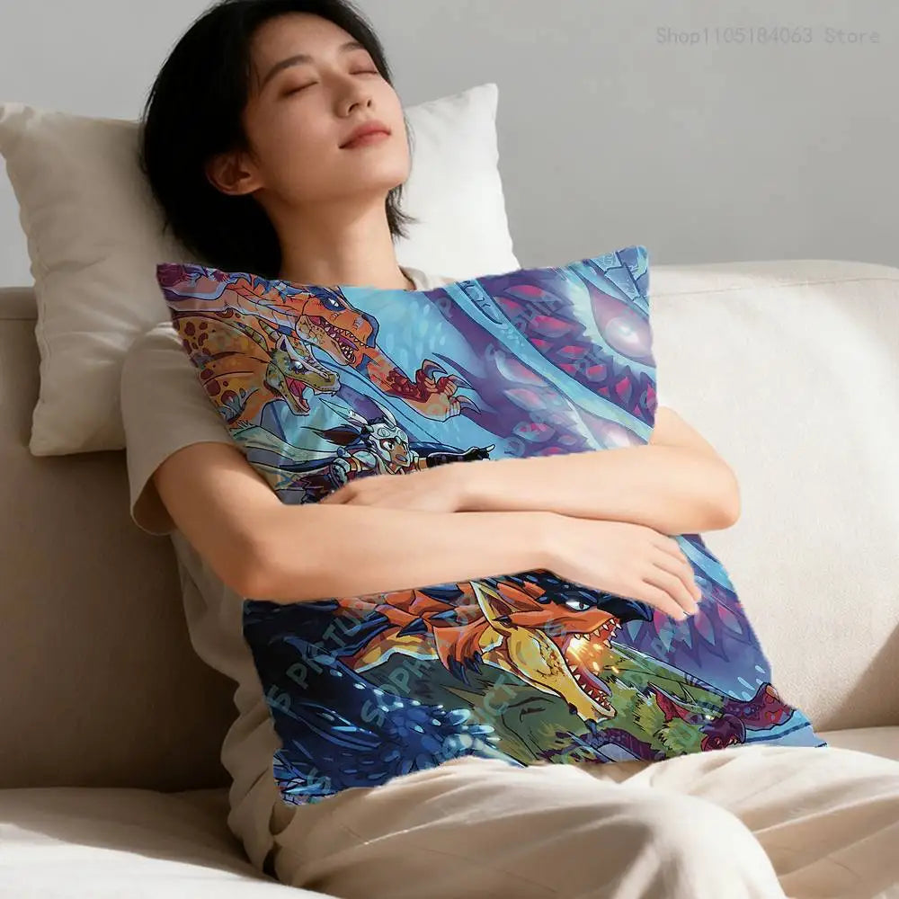 A printed cushion cover featuring Monster Hunter Rathalos and Nargacuga designs on a light blue background.