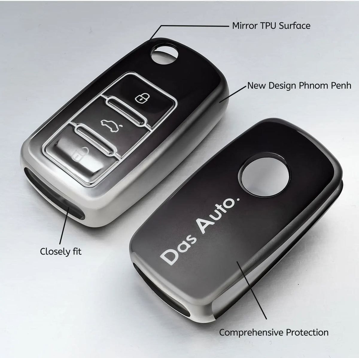 A close-up view of a silver key cover with a mirror TPU surface and features like a new design phnom pen and comprehensive pr