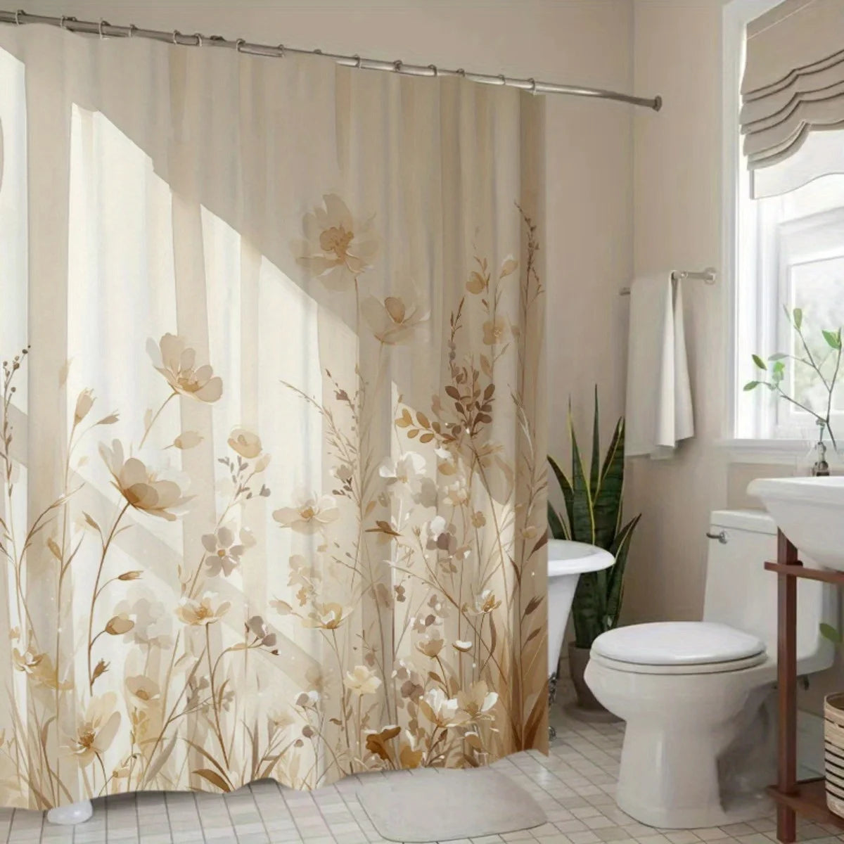 Beige floral waterproof shower curtain featuring a botanical design hanging in a bathroom.