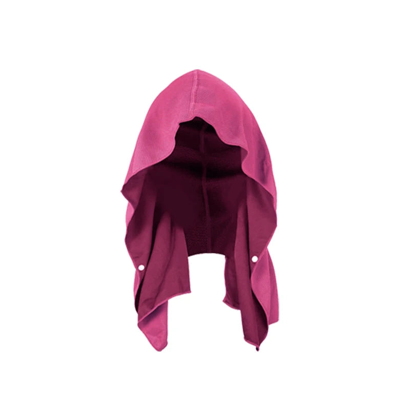 A deep magenta evaporative cooling hoodie towel folded and displayed against a white background.