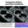 Comparison showing a car cup holder before and after installation with a diamond camellia pattern insert