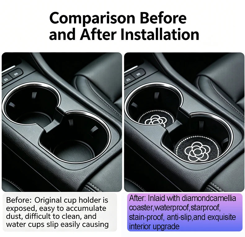 Comparison showing a car cup holder before and after installation with a diamond camellia pattern insert