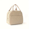 A beige embroidered corduroy insulated lunch bag with carrying handles.