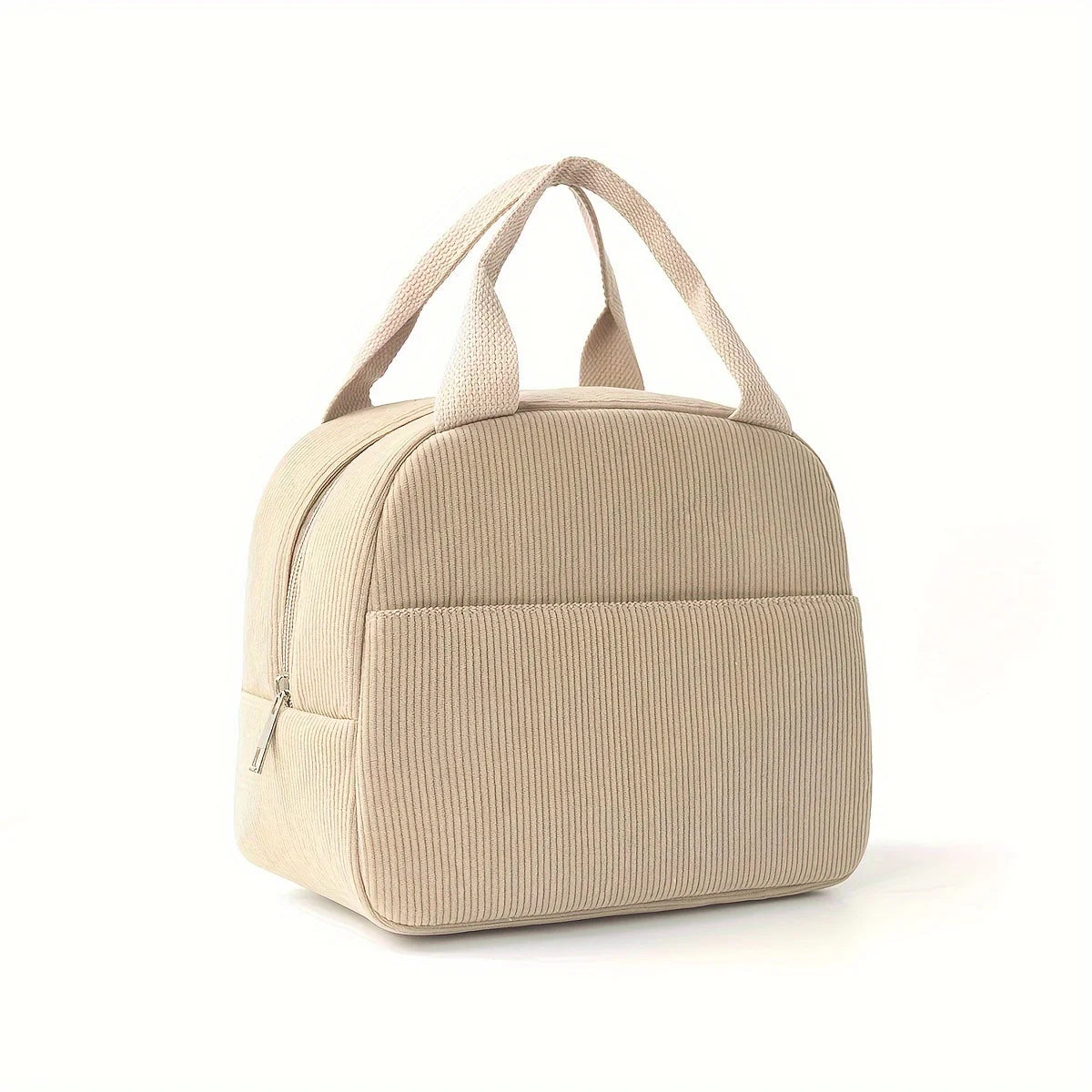 A beige embroidered corduroy insulated lunch bag with carrying handles.