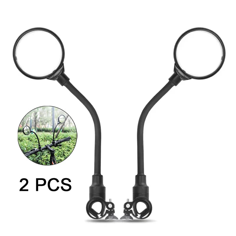 Two black 360° adjustable bicycle rearview mirrors shown with a close-up view.