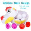 A white chicken nest design toy featuring a yellow beak and several white eggs for storage and sorting.