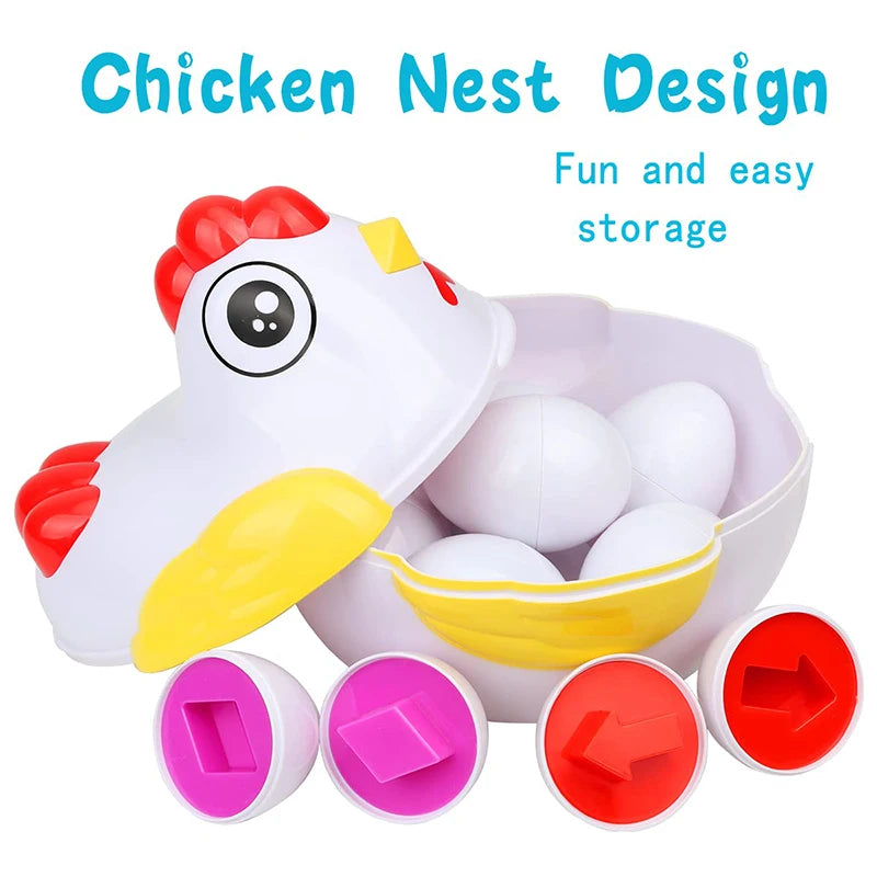 A white chicken nest design toy featuring a yellow beak and several white eggs for storage and sorting.