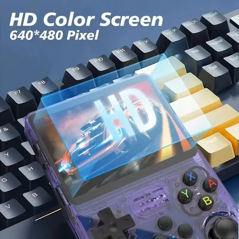 A close-up of an R36S retro handheld game console showing an HD color screen display.