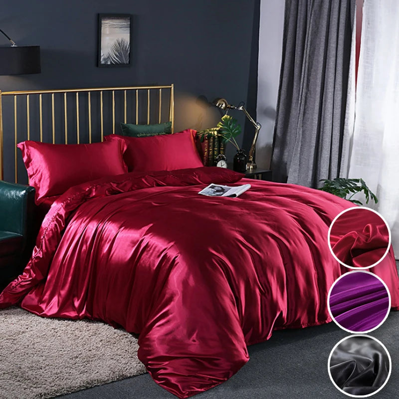 A vibrant red silky duvet cover set displayed on a bed with dark gray curtains and a wooden headboard.