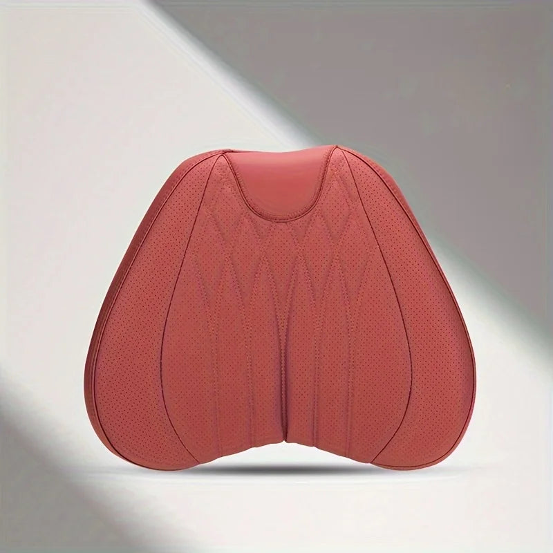 A reddish-pink memory foam lumbar support and neck pillow set shown from the back.