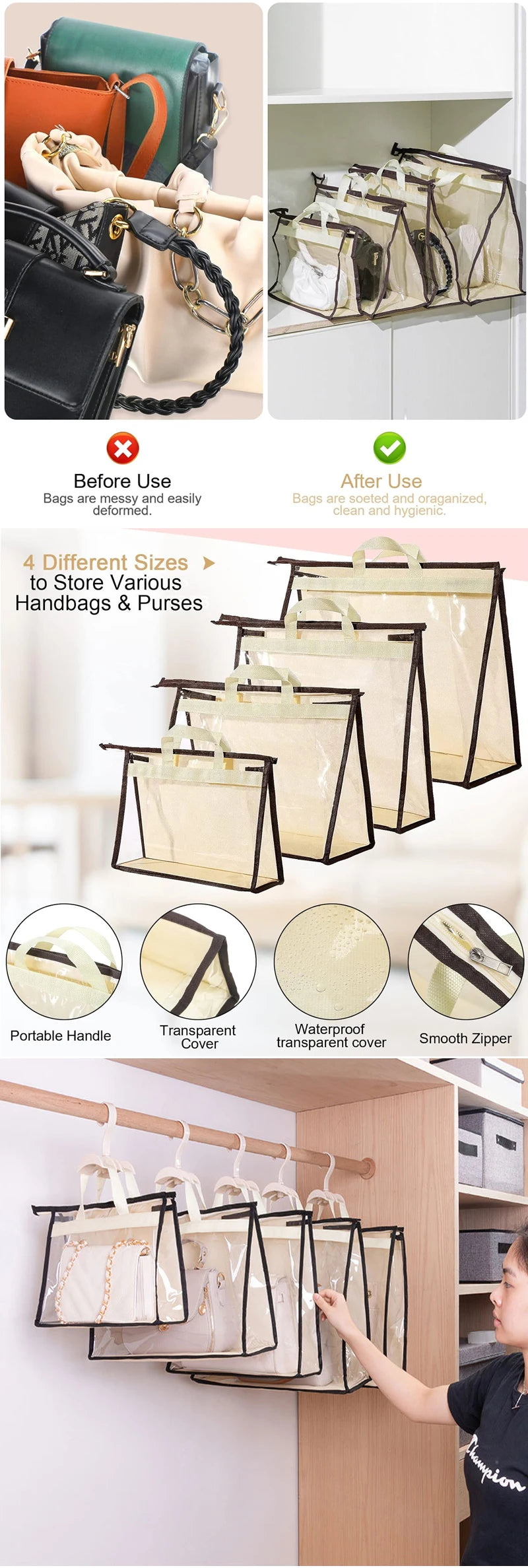Transparent Dust-Proof Handbag Storage Bag with Hanging Hook