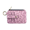 A pink leopard print PU leather card holder with a coin pocket and keychain.